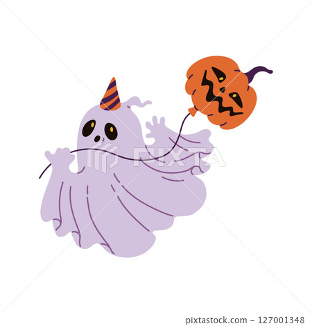 Cute ghost character with pumpkin balloon vector illustration Cute ghost character with pumpkin balloon vector illustration 127001348
