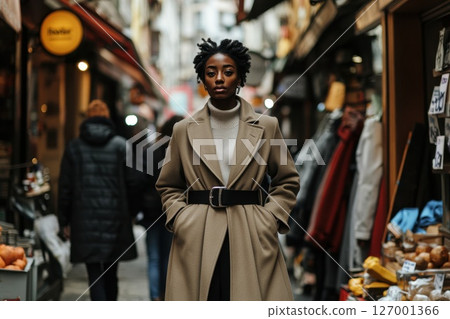 Fashionable woman strolls through a bustling street market in a cozy urban setting, showcasing her stylish outfit during the afternoon light Fashionable woman strolls through a bustling street market in a cozy urban setting, showcasing her stylish outfit during the afternoon light 127001366