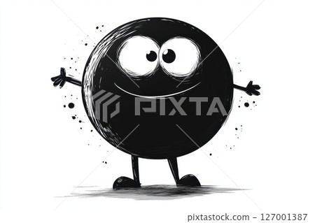 Happy cartoon character with big eyes and arms open wide expressing joy in a simple black and white design suitable for kids Happy cartoon character with big eyes and arms open wide expressing joy in a simple black and white design suitable for kids 127001387