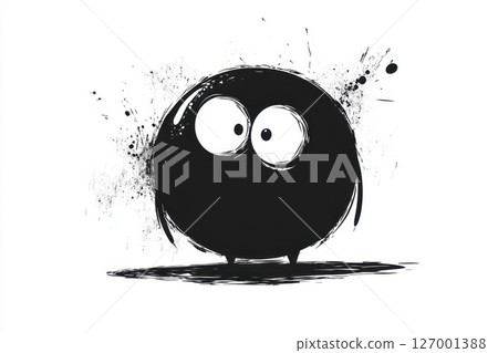 Creative black and white illustration of a round character with large eyes, standing against a splattered background, evoking a sense of curiosity and playfulness during artistic expression Creative black and white illustration of a round character with large eyes, standing against a splattered background, evoking a sense of curiosity and playfulness during artistic expression 127001388