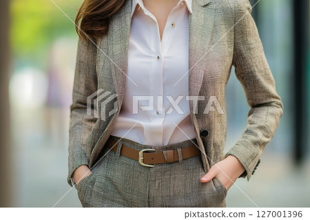 Confident professional woman in stylish suit walking through modern urban setting during bright daylight 127001396