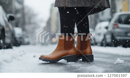 Fashionable brown ankle boots are worn on a snowy street while winter snowflakes fall gently around, showcasing a stylish winter outfit in a cozy urban setting 127001397