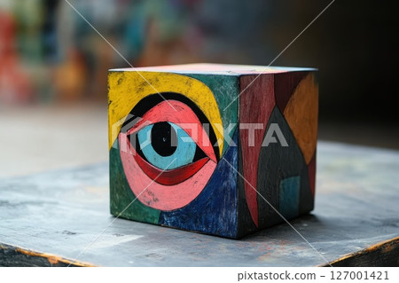 Abstract cube featuring colorful eye design placed on table in outdoor art space during daytime 127001421