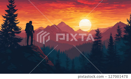 Hiking through majestic mountains at sunset, enjoying nature's beauty and the breathtaking scenery 127001478