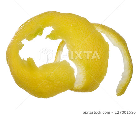 Spiral of fresh yellow lemon peel, isolated background Spiral of fresh yellow lemon peel, isolated background 127001556