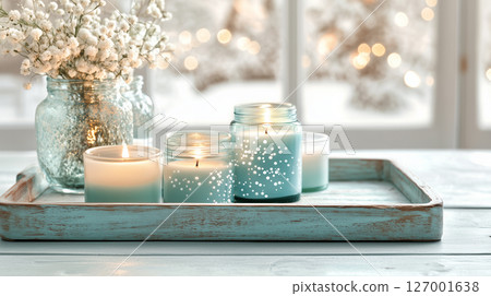 Winter decor in blue and white with burning candles and flowers on wooden tray 127001638