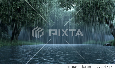 Calm rainy forest with water surface reflecting lush greenery 127001647