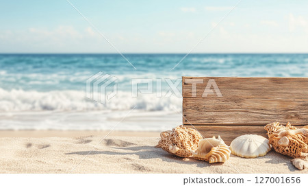 Beach summer concept with wooden board and  seashells against ocean waves background 127001656