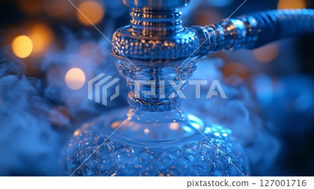 Close-up of a hookah with smoke and bokeh lights. Relaxation and leisure concept 127001716