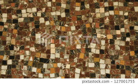 Small antique cracked brown beige white black mosaic tiles pattern background 127001755