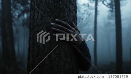 Hand gripping tree in foggy forest, mysterious atmosphere. Nature and solitude concept 127001759