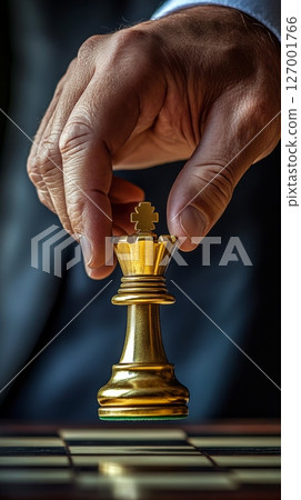 Chess player holding golden king piece in hand 127001766