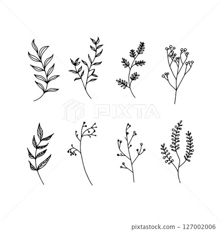 Ink Flower Set. Detailed ink-drawn flower set with diverse floral elements, ideal for decorative vintage or botanical-themed artwork. Ink Flower Set. Detailed ink-drawn flower set with diverse floral elements, ideal for decorative vintage or botanical-themed artwork. 127002006