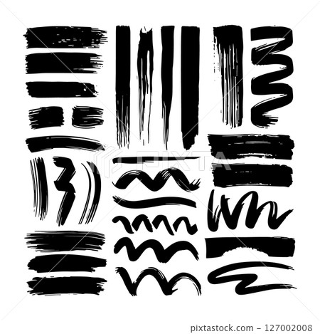 Ink Stroke Set. Handmade black ink brush stroke collection with various textured lines and shapes for creative designs. Ink Stroke Set. Handmade black ink brush stroke collection with various textured lines and shapes for creative designs. 127002008