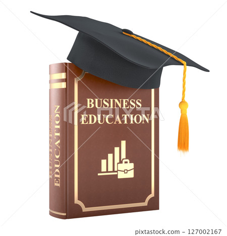 Business education book with graduation cap, 3D rendering Business education book with graduation cap, 3D rendering 127002167