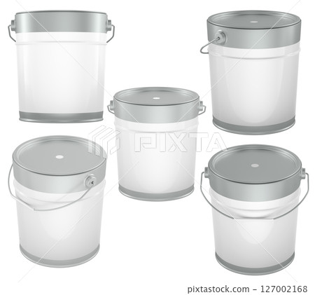 Collection of metal paint buckets blank template with handles and lids in different angles. 3D rendering 127002168