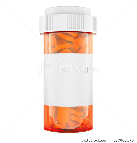 Prescription pill bottle filled with pills with blank white label. 3D rendering 127002179
