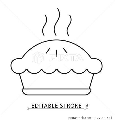 Hot pie icon in outline minimal style. Editable stroke vector perfect for bakery, dessert, food, pastry, homemade meals, cooking, kitchen, and Thanksgiving concepts. 127002371