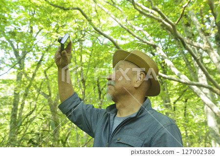 A smiling old man taking pictures of a beech forest with a digital camera 127002380