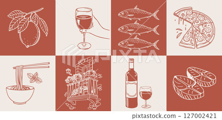 Collection of hand drawn posters with Italian food and summer elements. Pasta, seafood, pizza, lemons and wine. Mediterranean set. Sketch illustration. Collection of hand drawn posters with Italian food and summer elements. Pasta, seafood, pizza, lemons and wine. Mediterranean set. Sketch illustration. 127002421