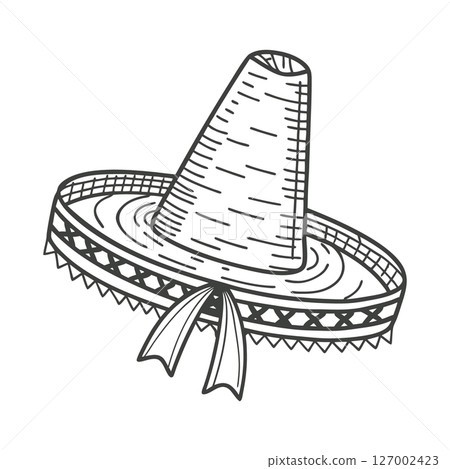 Hand drawn monochrome mexican sombrero hat with ethnic patterns. National symbol of Mexico. Sketch illustration. 127002423