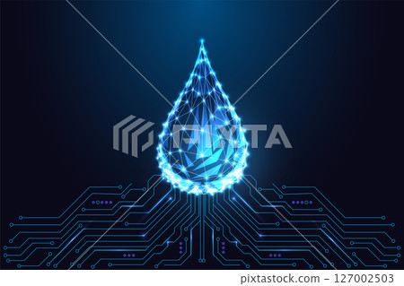 Smart water technology with glowing water drop and digital circuit board, vector illustration 127002503