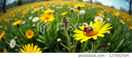 A ladybug sits on a bright yellow flower in a lush meadow filled with blooming daisies under a clear blue sky. The flowers create a colorful landscape in the warm sunlight. 127002504
