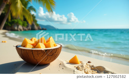 Tropical beach scene with fresh fruit. 127002582