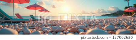 Serene beach with sun loungers and umbrellas at sunset. 127002620