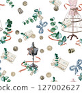 Seamless pattern with sewing accessories in vintage style. Watercolor illustration of haberdashery, mannequins and eucalyptus. English style for wallpaper and fabrics for bedding for a girl's room. 127002627