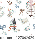 Seamless pattern with sewing accessories in vintage style. Watercolor illustration of haberdashery, mannequins and eucalyptus. English style for wallpaper and fabrics for bedding for a girl's room. 127002629