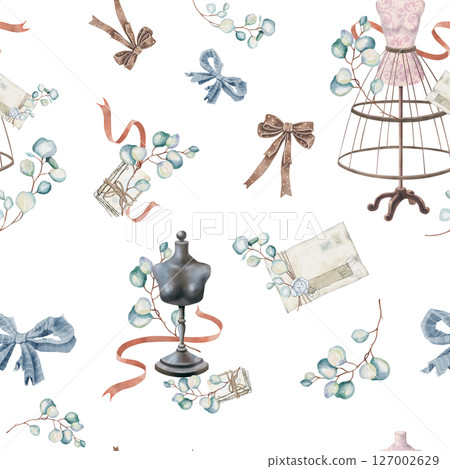 Seamless pattern with sewing accessories in vintage style. Watercolor illustration of haberdashery, mannequins and eucalyptus. English style for wallpaper and fabrics for bedding for a girl's room. Seamless pattern with sewing accessories in vintage style. Watercolor illustration of haberdashery, mannequins and eucalyptus. English style for wallpaper and fabrics for bedding for a girl's room. 127002629