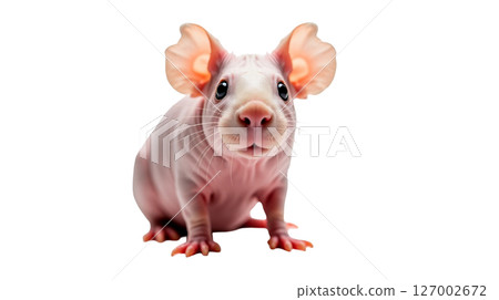 A delightful hairless guinea pig sits calmly in a cozy indoor space. Its pink, smooth skin showcases unique wrinkled features, adding to its adorable appearance, making it a perfect pet. 127002672