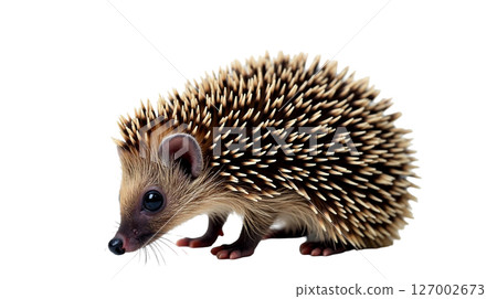 Curled and slightly stressed, an African pygmy hedgehog displays its quills in a defensive stance while standing on a smooth surface. The unique patterns and textures of its spines are evident. 127002673