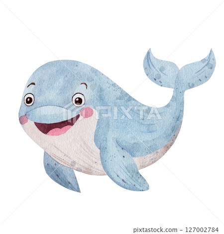 Whale. Cute watercolor illustration for kids. Hand drawn in soft colors, isolated on a white background, perfect for baby room decor, children's books. Whale. Cute watercolor illustration for kids. Hand drawn in soft colors, isolated on a white background, perfect for baby room decor, children's books. 127002784