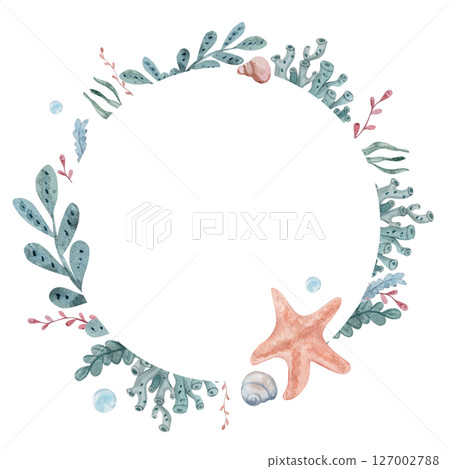 Round watercolor frame featuring starfish, shells and seaweed, water bubbles and blank space for text. Hand drawn, white background. Elegant design perfect for wedding invitations, greeting cards. Round watercolor frame featuring starfish, shells and seaweed, water bubbles and blank space for text. Hand drawn, white background. Elegant design perfect for wedding invitations, greeting cards. 127002788