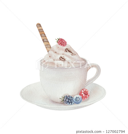 White coffee cup with hot chocolate and cream with waffle tube, coffee beans, raspberries, blueberries, blackberries, saucer. Watercolor illustration isolated on white background. For menu design. White coffee cup with hot chocolate and cream with waffle tube, coffee beans, raspberries, blueberries, blackberries, saucer. Watercolor illustration isolated on white background. For menu design. 127002794