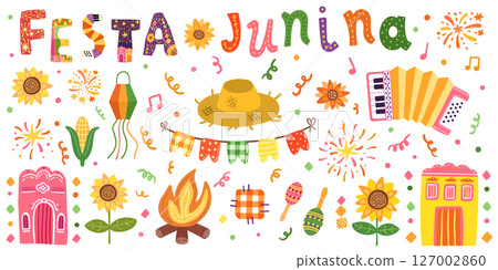 Festa Junina Vector Set with Text and Festive Graphics - Sunflower, Straw Hat, Bunting, Accordion, Corn, Brazilian Festival Illustrations Festa Junina Vector Set with Text and Festive Graphics - Sunflower, Straw Hat, Bunting, Accordion, Corn, Brazilian Festival Illustrations 127002860
