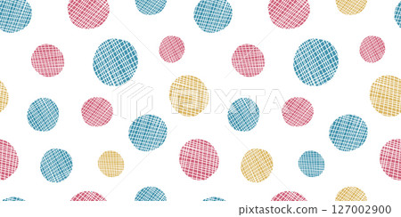 Bright fun colorful seamless pattern with doodle stripe textured yellow, blue and pink geometric circles. Playful kids print with round shapes for children textile design, wrapping paper, cover 127002900