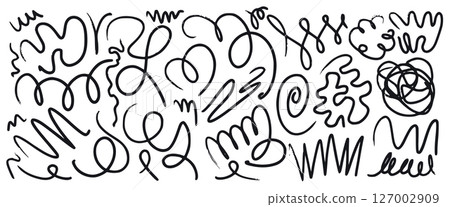 Set of vector doodle hand drawn bold black messy line swirls, knots, sprawling signatures, squiggles, messy grunge strokes scribbles for advertisement, mental struggling concept, way direction 127002909
