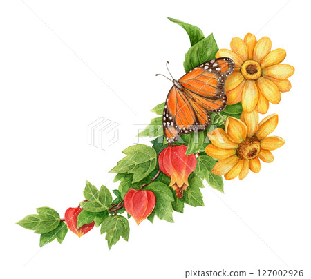 Abuchiron twig with sunflower and Monarch butterfly summer arrangement. Hand drawn watercolor art with leaf. Vacation graphic element. Perfect for summer card template and holiday season design. 127002926