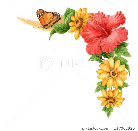 Red Hibiscus with yellow flower and butterfly summer corner arrangement. Hand drawn watercolor botanical art. Floral graphic element perfect for botanical card template and holiday season design. Red Hibiscus with yellow flower and butterfly summer corner arrangement. Hand drawn watercolor botanical art. Floral graphic element perfect for botanical card template and holiday season design. 127002929
