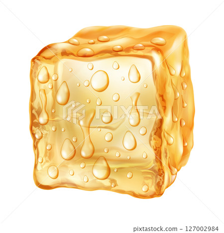 Yellow translusent ice cube with drops. Yellow translusent ice cube with drops. 127002984