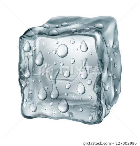 Gray translusent ice cube with drops. 127002986