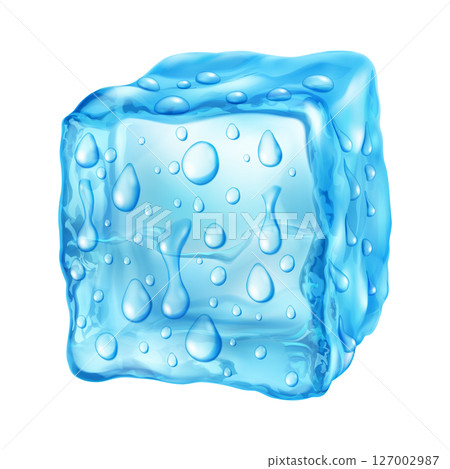 Light blue translusent ice cube with drops. 127002987