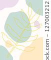 Minimalist boho illustration with golden leaf outline branch and pastel colored shapes, vector 127003212