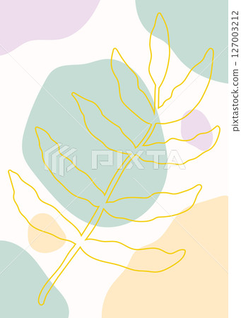 Minimalist boho illustration with golden leaf outline branch and pastel colored shapes, vector 127003212