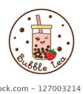 Kawaii bubble tea with strawberry winking in circle frame with lettering, vector 127003214
