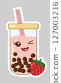 Sticker with kawaii style strawberry bubble tea glass with boba pearls and straw, vector 127003216