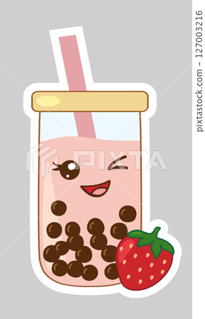 Sticker with kawaii style strawberry bubble tea glass with boba pearls and straw, vector Sticker with kawaii style strawberry bubble tea glass with boba pearls and straw, vector 127003216